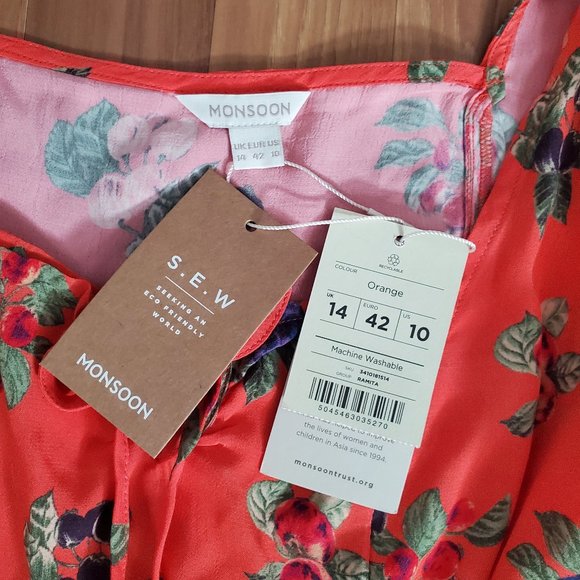 Monsoon Ramita Floral Print Blouse, Orange/Multi - Size 10 - NWT - Picture 7 of 7